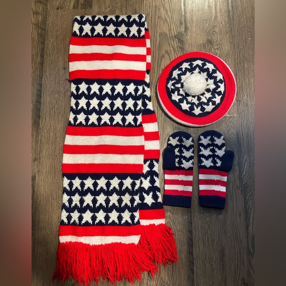 Vintage Patriotic Handmade Scarf Mitten Hat Set